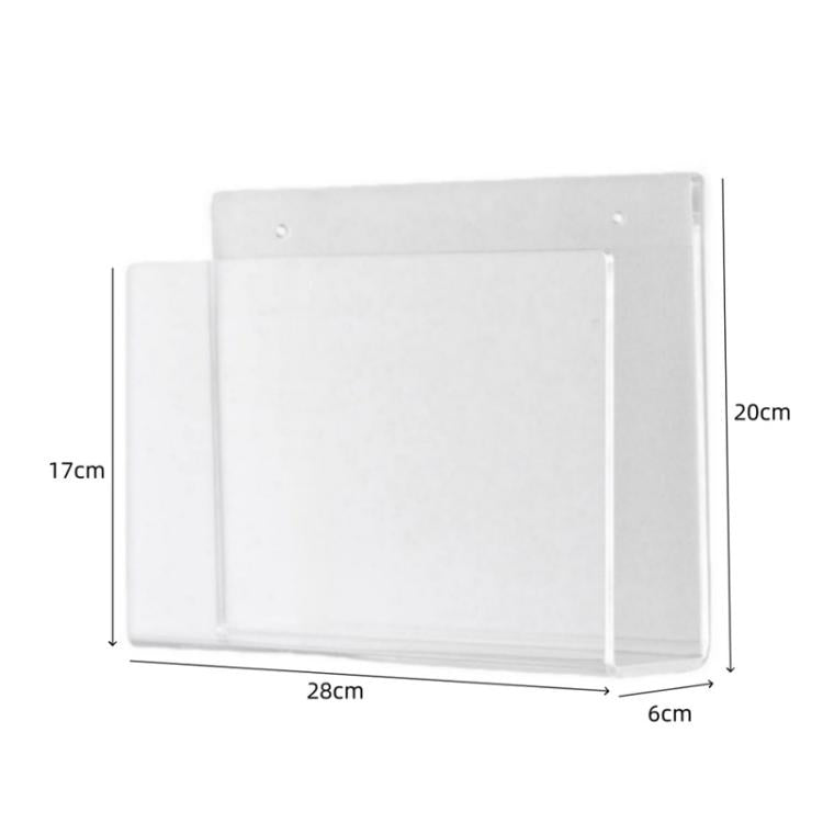 Clear acrylic wall magazine rack with dimensions: 28cm wide, 20cm high, 17cm deep