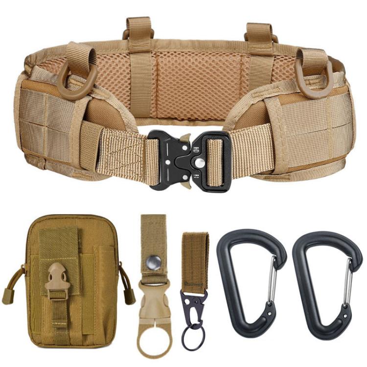 Khaki tactical waist bag belt with adjustable buckle and included carabiner/key-ring pieces
