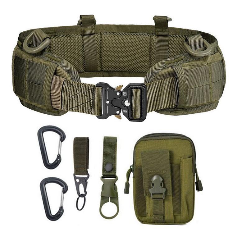 Olive green tactical waist bag belt with MOLLE pouch, metal buckle, and carabiner accessories