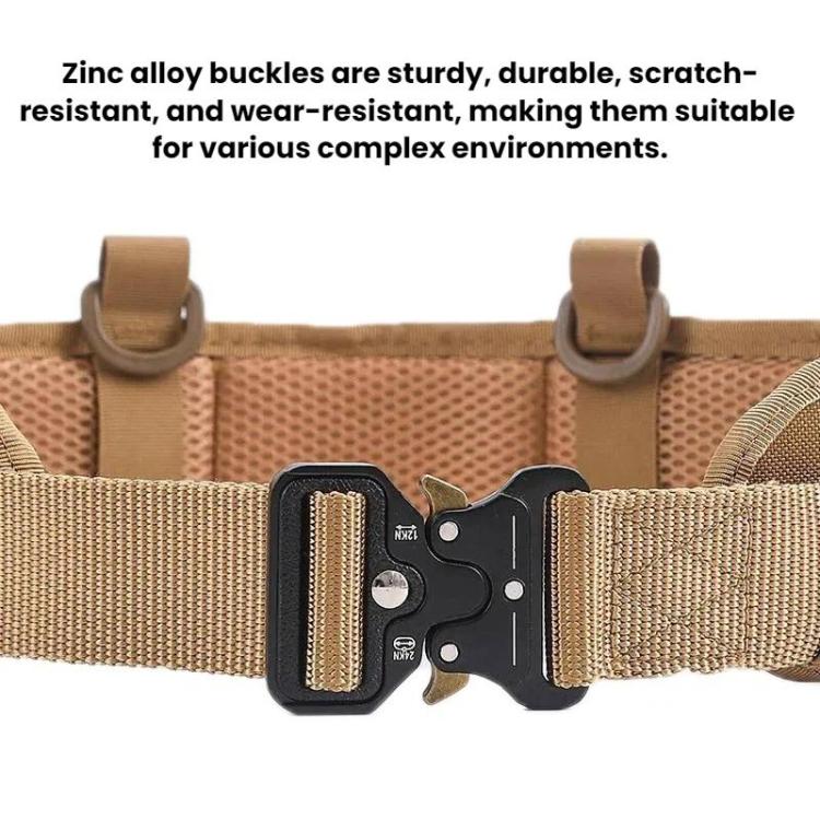 Khaki waist bag buckle section with reinforced webbing and metal locking plate