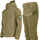 Men's khaki softshell jacket and pants set with hood, zip front, and waterproof cargo-style pockets