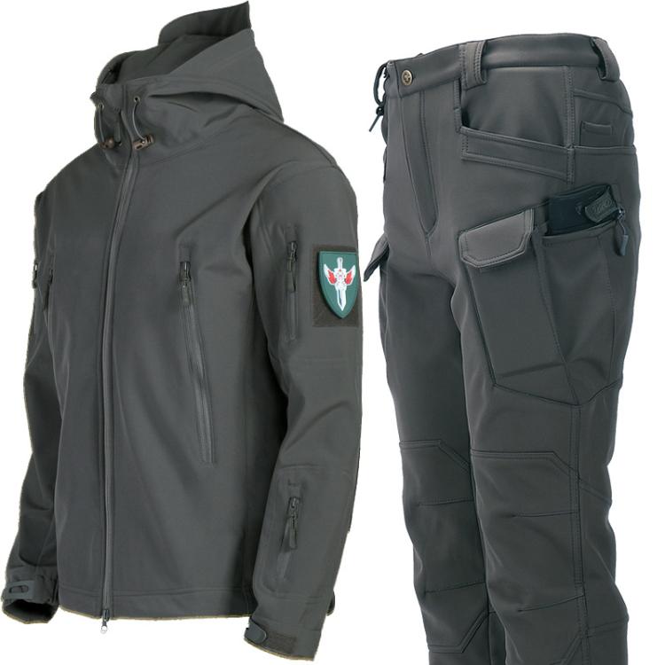 Men's dark gray hooded softshell jacket with zip closure and waterproof pants with cargo pockets