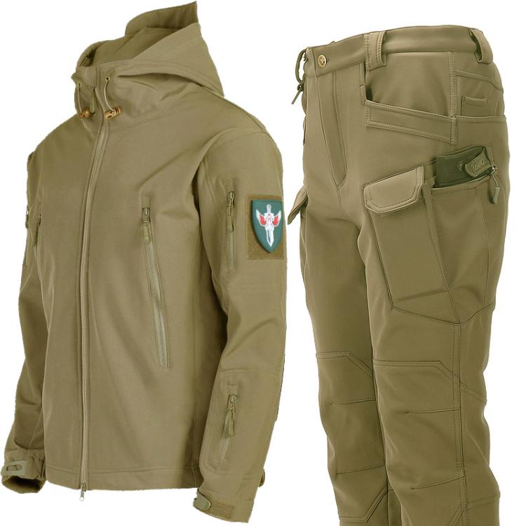 Khaki zip-up softshell jacket and cargo pants set with stand collar and side zips