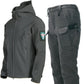 Men's dark gray softshell jacket with hood and zipper, paired with waterproof pants and stitched panels