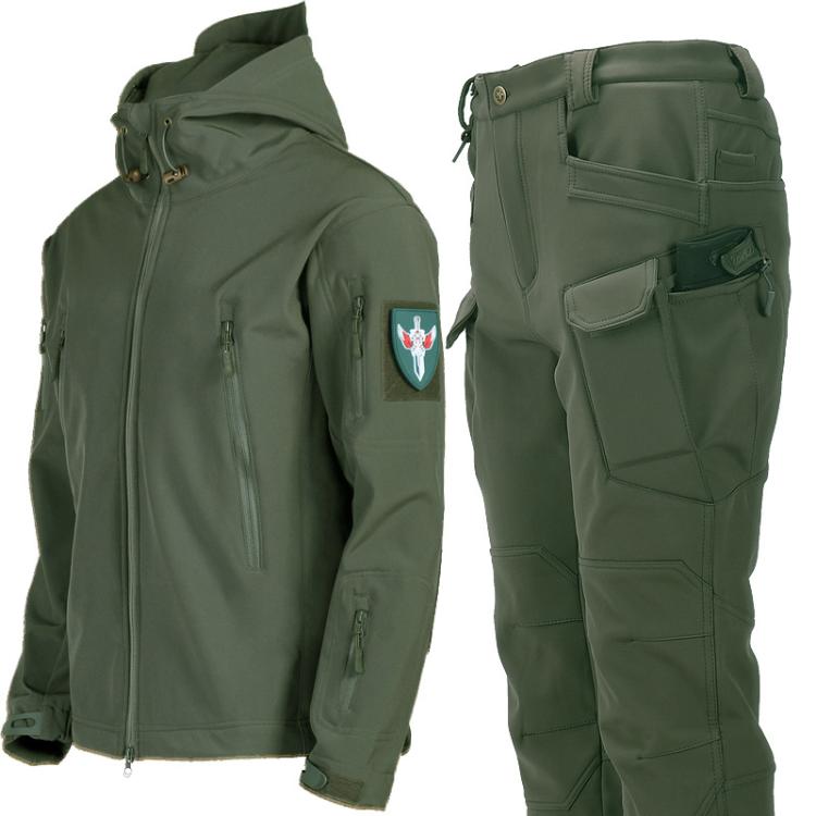 Men's green softshell jacket with zippered chest pocket and waterproof pants with seam-lined panels