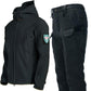 Men's black softshell jacket with zipper vents and waterproof pants with cargo pocket detailing
