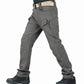 Gray fleece-lined waterproof cycling pants, side view with belt loops and zip cargo pocket