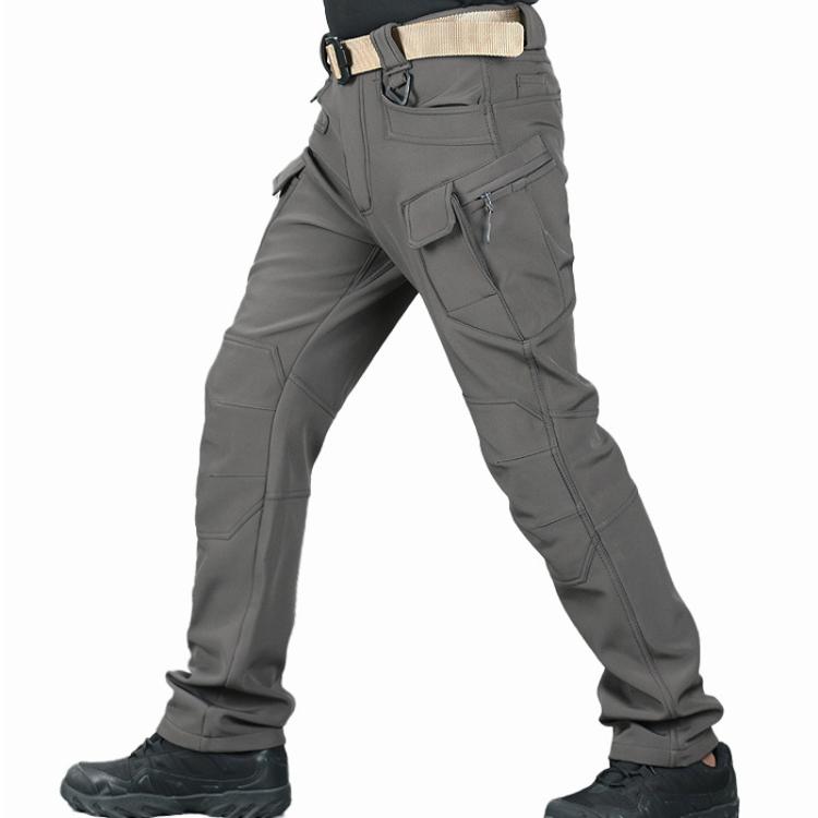 Gray fleece-lined waterproof cycling pants, side view with belt loops and zip cargo pocket