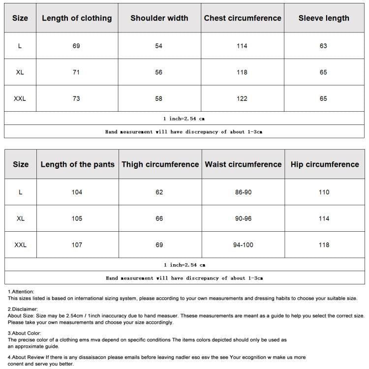 Size chart table for fleece-lined pants with L, XL, XXL measurements for length and waist