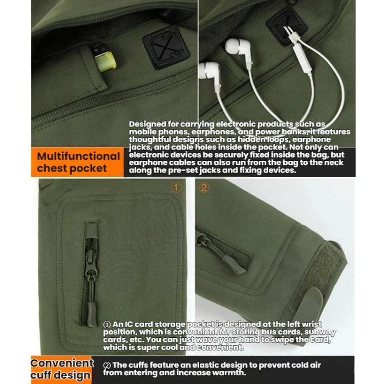 Green softshell jacket: multifunction chest pocket with zipper and cable opening