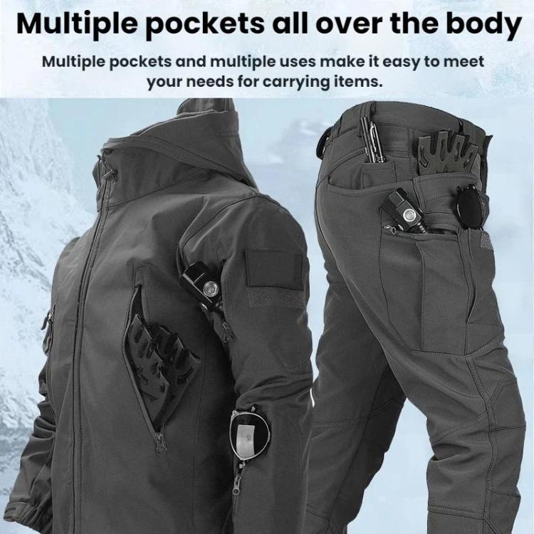 Gray waterproof softshell jacket and cargo pants with multiple exterior pockets