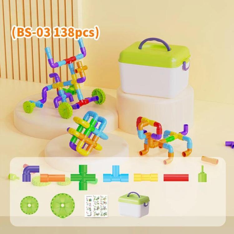 Children pipe building block set with assembled figures and green-and-white storage bin