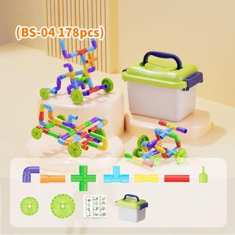 Children pipe building block set with green-and-white toolbox and multicolor pipe models