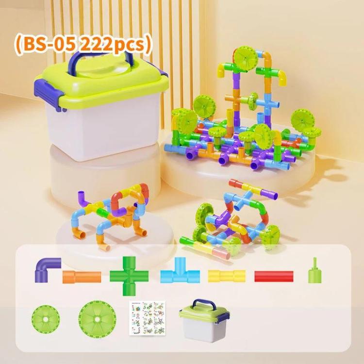 Children pipe building block set with green-and-white toolbox and colorful pipe-wheel models
