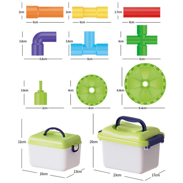 Children pipe building blocks set size chart with pipes, green wheels, and toolbox dimensions
