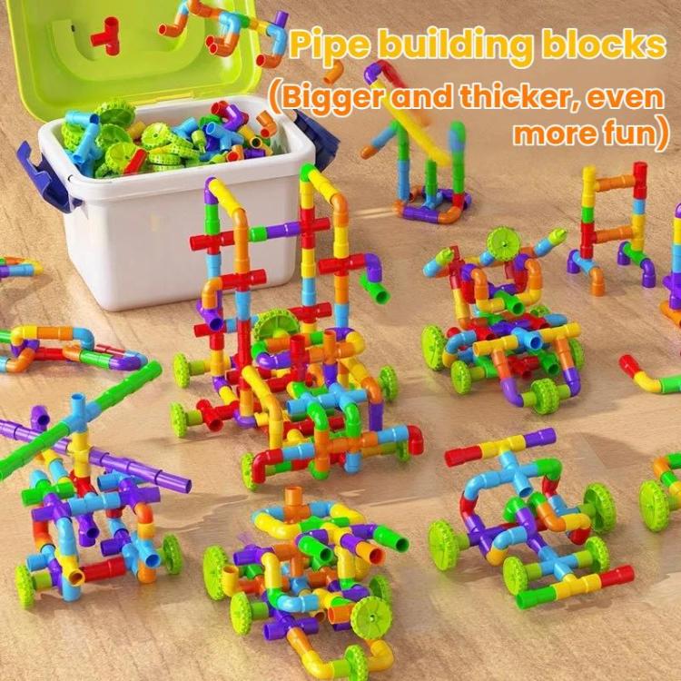 Children pipe building blocks set with open white bin filled with colorful connectors