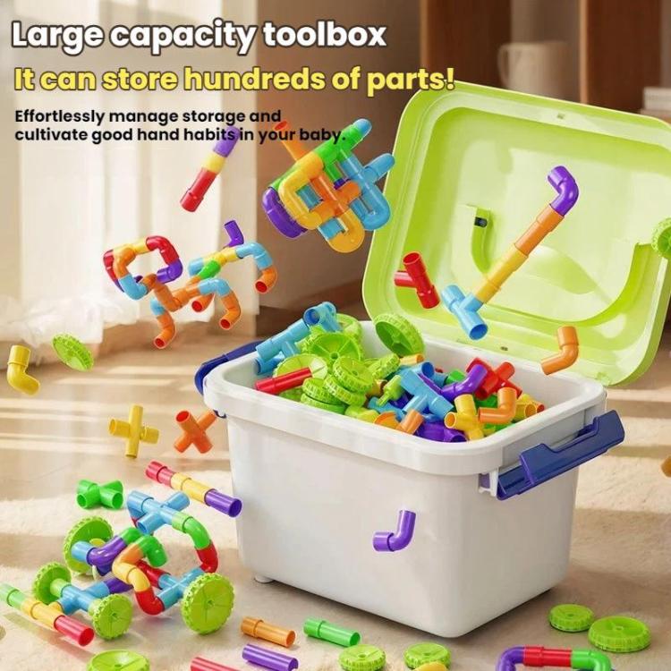 Children pipe building blocks set with large white storage bin and scattered multicolor pieces