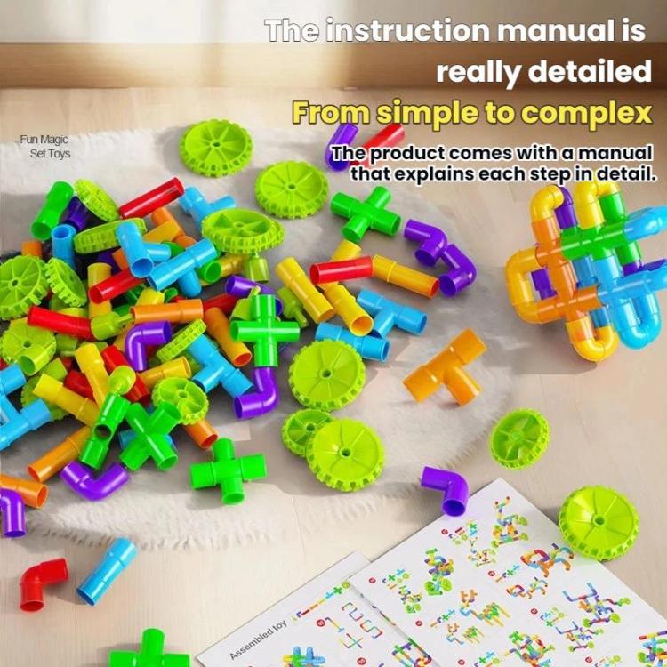 Children pipe building blocks set with instruction cards and scattered multicolor connectors