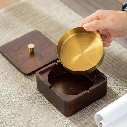 Walnut wood magnetic ashtray with square base and brass inner bowl, lid removed