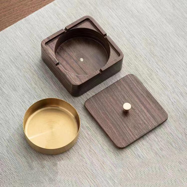 Wood magnetic ashtray set with square base, brass inner bowl, and two lids