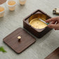 Wood magnetic ashtray with square base, brass bowl, and cigarette ash cleaning brush