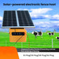 Solar-powered electric fence energizer with orange housing, control panel, and two solar panels