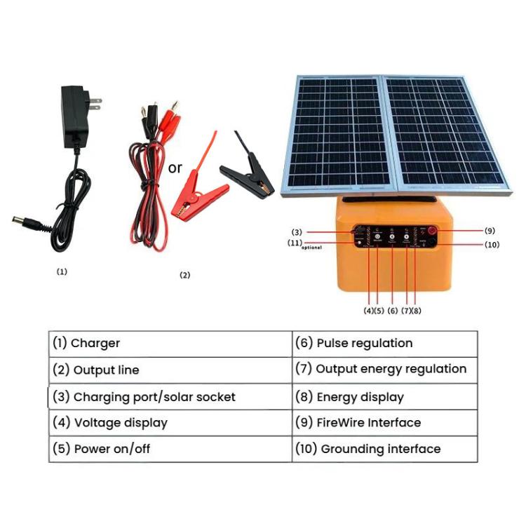 Solar-powered fence energizer with orange housing, control panel, and labeled connection ports