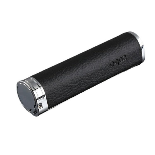 Cigarette filter storage case with black leather body and silver end caps