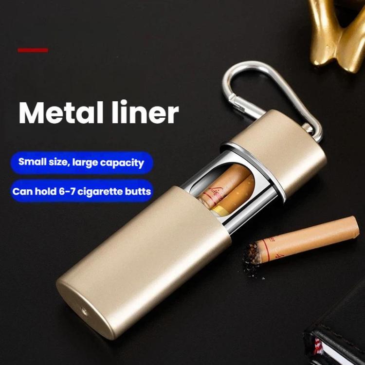 Portable metal-lined pocket ashtray, gold open drawer with metal liner holding cigarettes