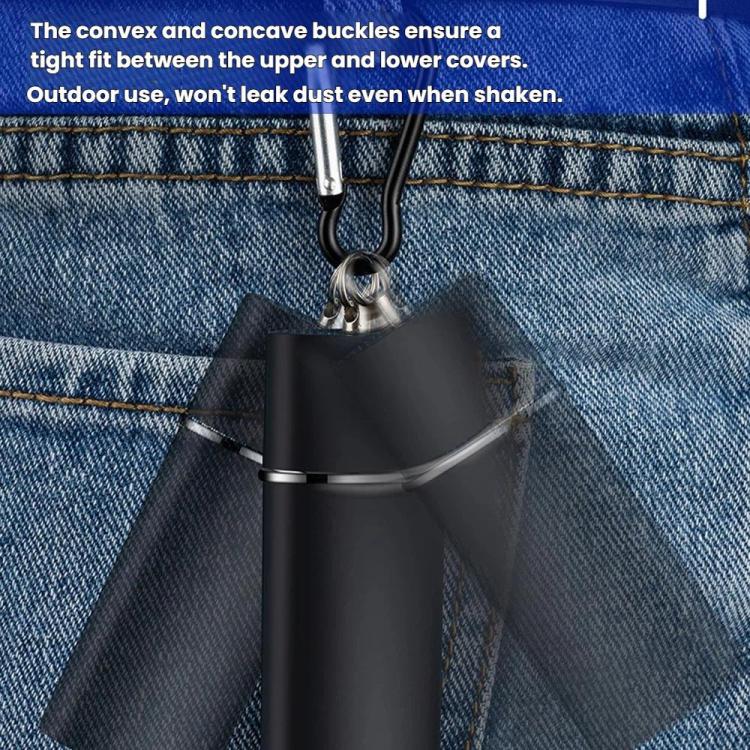 Portable metal-lined pocket ashtray, black clipped to denim with carabiner