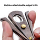 Handheld cigar cutter with dark wood body and stainless double-edged blade