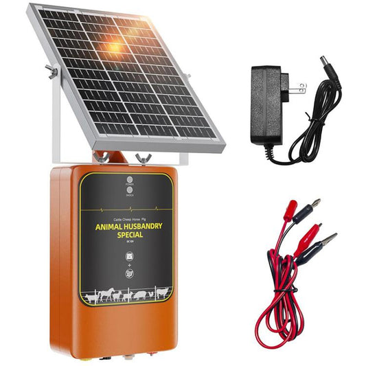 Orange solar electric fence charger with solar panel, power adapter, and red lead cables