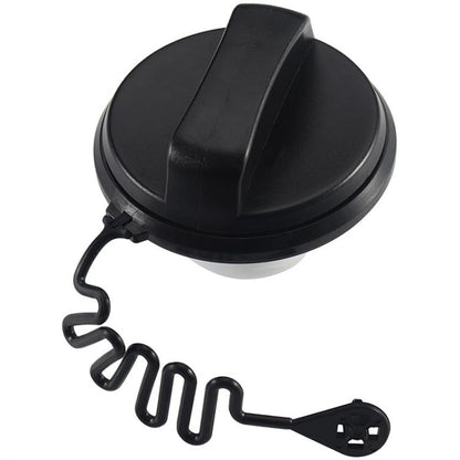 Black fuel tank cap with tethered pull strap