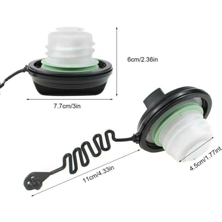 Fuel tank cap assembly with green gasket, white insert, and lanyard