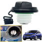 Black fuel tank cap with coiled strap and green gasket seal