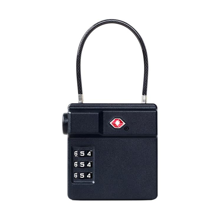 TSA combination luggage lock with reset dial and steel cable loop, dark finish