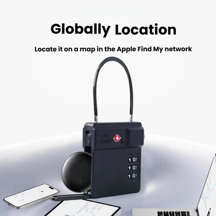 TSA combination luggage lock with steel cable loop and round key-finder tag on map