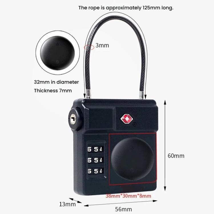TSA combination luggage lock with steel cable loop and round key-finder, size diagram shown
