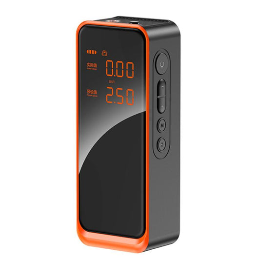 Portable digital air pump with orange-trimmed body and LED pressure display, side buttons