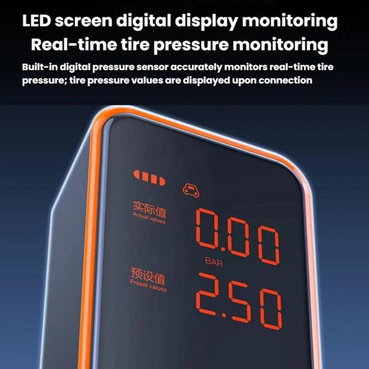 Portable air pump close-up with orange LED digital pressure readout on front panel