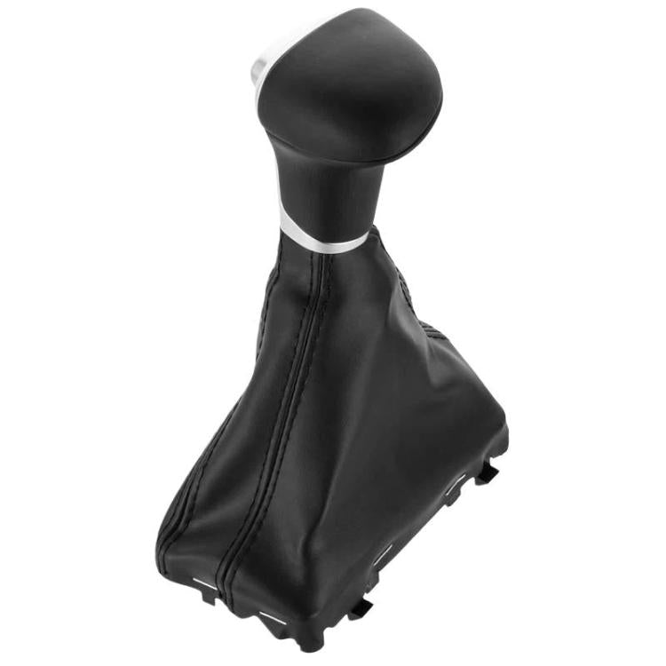 Automatic shifter lever accessory with black knob and stitched black leather boot.