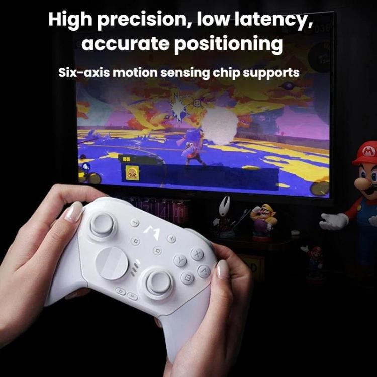 White mechanical game controller held in hands with ABXY buttons and analog sticks