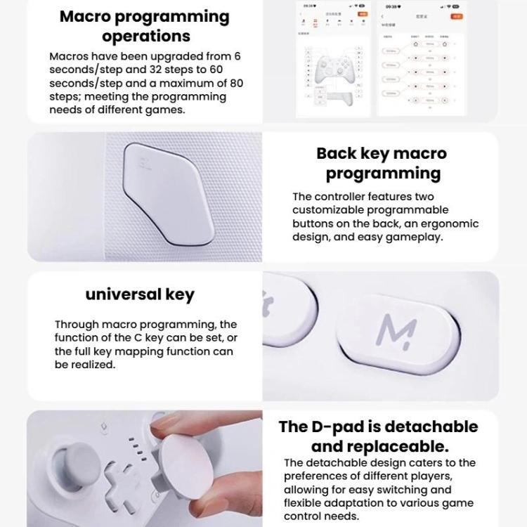 White game controller with rear macro buttons and rectangular programmable key pad