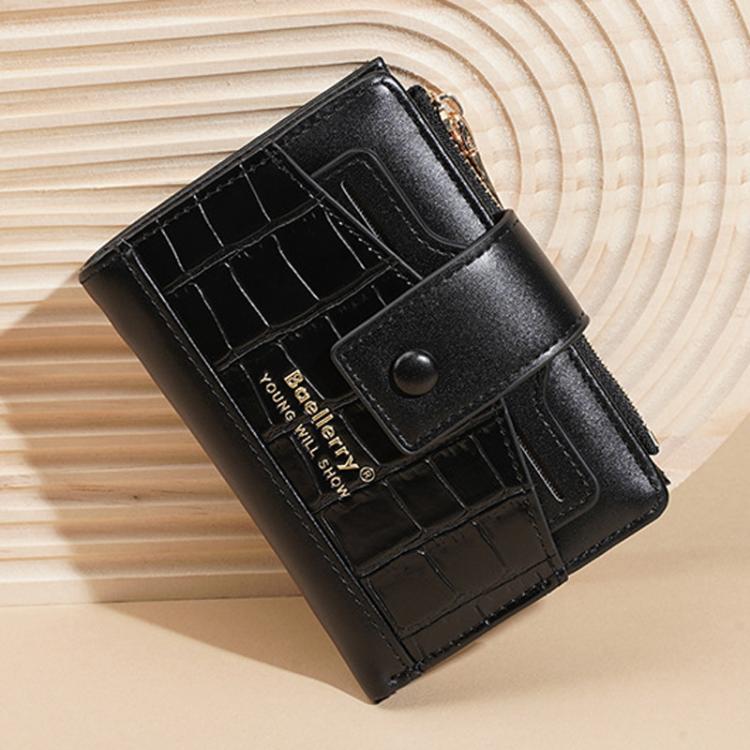 Black compact zipper card wallet with multiple card slots and coin pocket