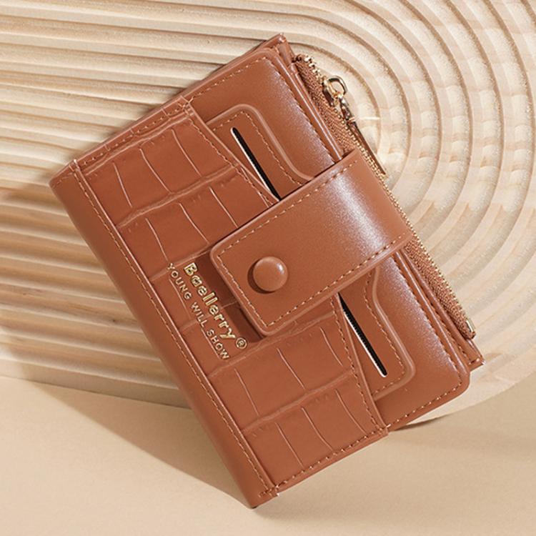 Brown compact zipper card wallet with multiple card slots and coin pocket