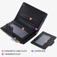 Black zip card wallet with card slots and bill compartment, shown open