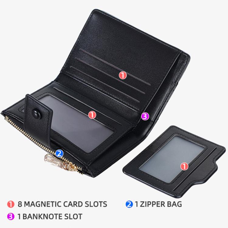Black zip card wallet with card slots and bill compartment, shown open