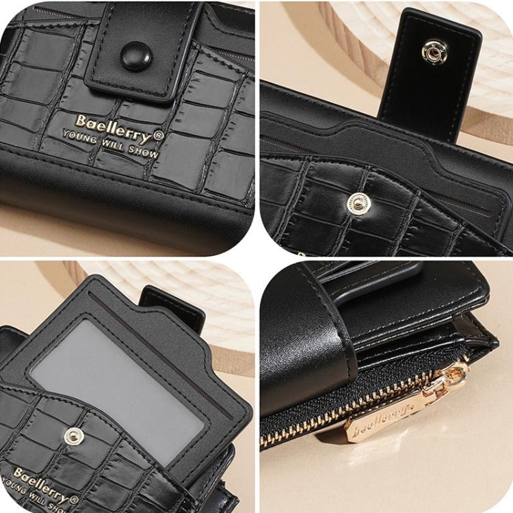 Black textured card wallet detail: logo badge, card slots, and gold zipper pull