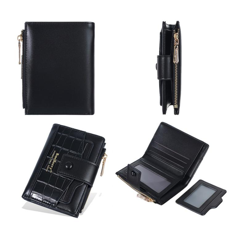 Black compact zipper card wallet set view: front, side, and open card slots