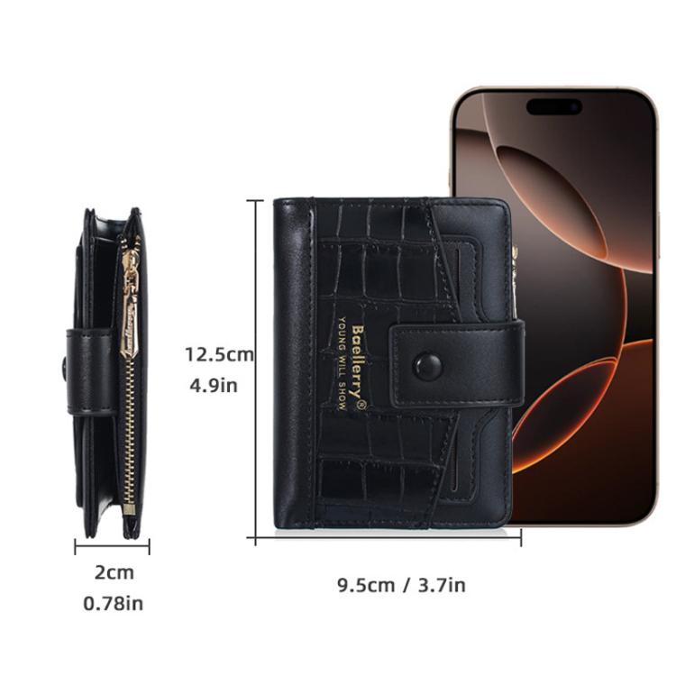 Compact black zip wallet with snap-front card slots; side profile shows zipper